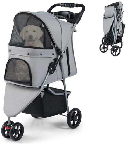 GYMAX Hundewagen bis 15 kg, Hundebuggy mit verstellbarem Sonnendach & waschbarem Kissen, leicht & faltbar, Katzenbuggy mit Aufbewahrungskorb & Getränkehalter, für kleine Hunde Katzen (Grau)