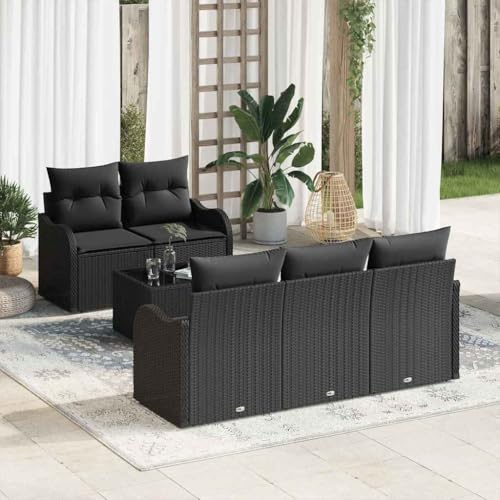 Yunovire Garten-Sofa-Set 6-teilig, Schwarz, Poly-Rattan, Stahl, Glas, Modulares Loungeset für Terrasse, Balkon, Außenbereich, UV-beständig