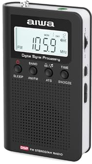 AIWA RSD-45BK Radio Digital Portátil Am/FM con Altavoz, Búsqueda Automática ATS, Tecnología DSP, Pantalla LCD con Reloj y Alarma, Radio de Bolsillo Compacta con Auriculares