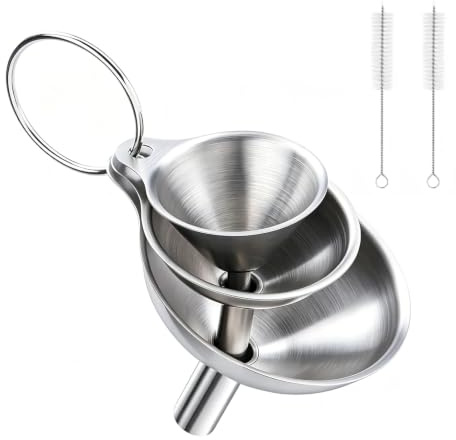 3 Pcs Stainless Steel Funnel Set, Kitchen Funnels with 2 Brushes | Small Funnel with Handles, Wide Mouth Oil Funnel for Filling Bottles or Containers, Filter Liquid, Oils, Powder,Tiny Spices