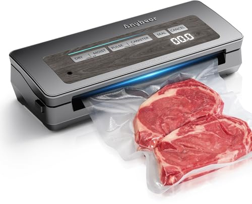 Anybear Vacuum Sealer Machine, 90kPa 100W Wide Seal All-IN-1 Powerful Food Storage, Build-in Cutter | Bags Storage | Digital Countdown Display | 2 Bag Rolls and 5pcs Pre-cut Bags (Gray)