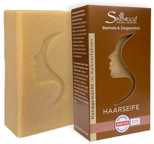 Skineco Savon pour cheveux | savon au lait de chèvre durable avec levure de bière | cosmétiques naturels | shampooing solide | pour cuir chevelu sensible et pour cheveux | sans silicone | gel douche
