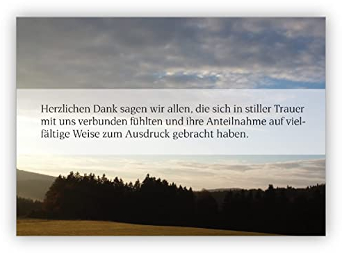 10 Stück: Trauer Dankeskarte mit Wald Landschaft am Abend: Herzlichen Dank sagen wir allen, die sich in stiller Trauer mit uns verbunden fühlten. | Danksagung Premium-Trauerkarten mit Umschlag