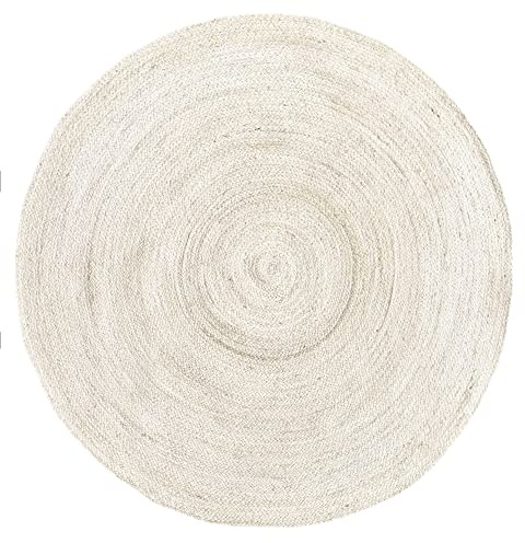 HAMID - Jute Matta Runda, Område Mattor Alhambra Halvvit Färg, 100% Naturlig Jute Fiber, Mjuk Matta och Styrka, Handvävd, Vardagsrumsmatta i Jute, Sovrum, Hall Matta, (150x150 cm)