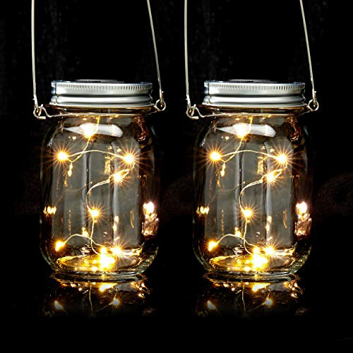 Relaxdays Solar Glas 2er Set, je 8 LED im Einmachglas, Stellen oder hängen, Solarleuchte für den Garten, transparent, Klar
