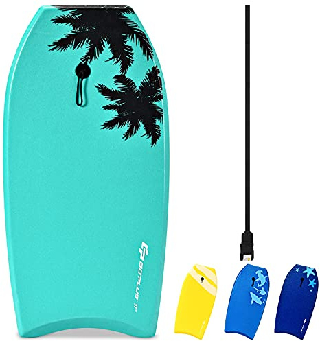 GOPLUS Bodyboard,Planche à Vagues Bodyboard 105cm,Bodyboard avec Motif Coloré,Bodyboard Léger et Résistant,Planche Idéale pour Surfer Les Vagues,Laisse de Poignet de Qualité (Palmier Vert)