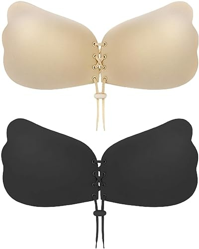 Sticky Bra 2 Pairs Backless, Strapless, Adhesive, Invisible, Push up Bra for Women Stick on, Black and Beige, B Cup