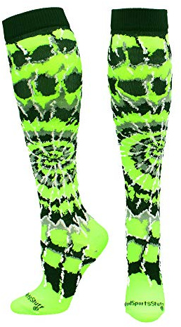 MadSportsStuff Crazy Tie Dye Socks Over the Calf (Neon Green/Black/White, Small)