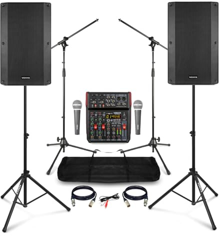 Complete PA System Package with Vonyx VSA120S 12 Speaker Pair, 6-Channel Mixer, Microphones, Stands & Cables, Compact PA Solution for Bands, Singers, Church, Talks & Gigs