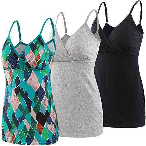 ZUMIY Pregnancy Breastfeeding Top, Maternity Nursing Tank Tops Seamless Cotton Basic Vest Sleeping Breastfeeding Bra Top (XL,Black+Grey+Green Pattern/3-pk)