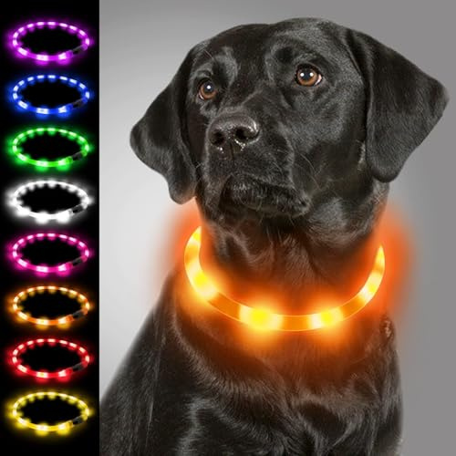 Joytale Leuchthalsband Hund, Blinkend LED Silikon Zuschneidbar, Orange | Weich & Hautfreundlich, 360°-Rundumsicht bei Dunkelheit, USB-C Aufladbar, 3 Modi, Regendicht, von Chihuahua bis Labrador