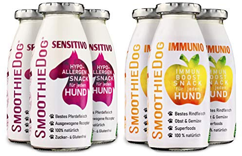 Hunde Smoothie SmoothieDog 6er Mix - je 3X: Immunio (Rind), Sensitivo (Pferd) - Flüssiges Hundeleckerli - Zucker- & glutenfrei - je 250ml