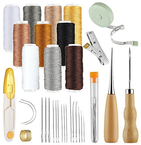 32 Pcs Leather Craft Sewing Tools Kit, Upholstery Repair, DIY Leather Hand Stitching, Embroidery with Leather Waxed Thread Leather Needles Drilling Awl for Sewing Leather and Canvas
