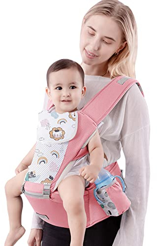 SONARIN Multifunción Mochila Portabebés con Asiento de Cadera,Portabebés Ergonómico Algodón Portador de Bebé Transpirable para Recién Nacidos Niños 0-36 Meses,Todas las Posiciones(Rosa)