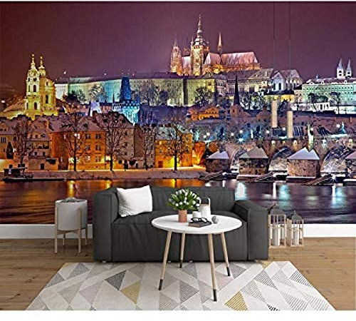 XLMING Moderno 3D Castillo de Praga vista nocturna foto papel tapiz Mural Bar sala de estar decoración del Decoración Fotomural sala Sala de estar Pared Pintado Papel tapiz no tejido-430cm×300cm