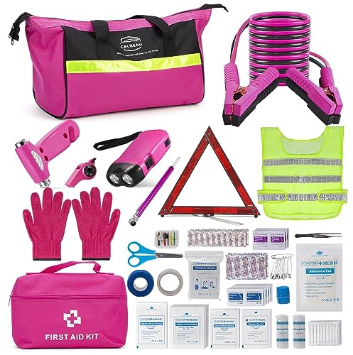 Kit de emergencia de coche para mujeres, kit de asistencia de emergencia rosa en carretera con kit de seguridad rosa para automóvil, accesorios de coche pensados listos para nuevos conductores y