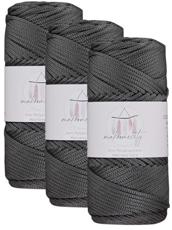 Makromecity, Polyester Macrame Cord 2mm x 125 Yards (375 feet) 2mm Polypropylene Macrame Cord Crochet Macrame Bag Cord Crafts for Wall Hangings, Bags, Underplate, Rug (3, Anthracite)