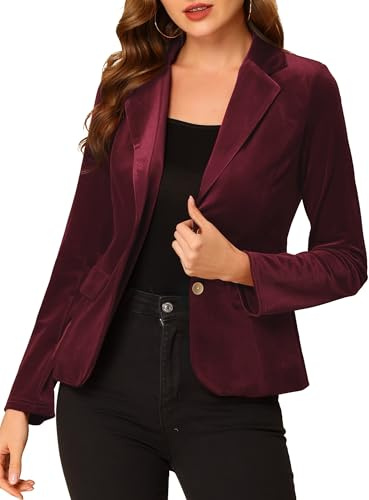 Allegra K Giacca da lavoro da donna in velluto, vintage, con risvolto dentellato e bottoni sul davanti, Rosso scuro, L