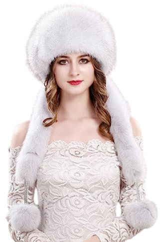 Usknxiu Damen Fuchspelz Strick Mütze Mit 2 Pompoms, Volles Fell Russischer Hut, Elasticity Lässige Flaumige Fliegermützen, Silberfuchs Ohrenschützer Stirnband Outdoor Winddicht Pelz Hüte,B