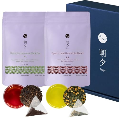 Asayu Japan Green Tea Gift Set, Wakocha & Genmaicha with Gyokuro, 30 Tea Bags, Roasted Rice & Premium Japanese Green Tea, 100% Made in Japan