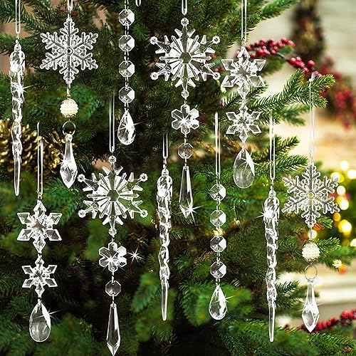 UXORSN 18 Stück Weihnachtsbaumschmuck Acryl Schneeflocke Eiszapfen Eistropfen Anhänger Weihnachtsbaumanhänger Christbaumschmuck Kristall Hängende Ornamente für Weihnachten Party Hochzeit Dekoration