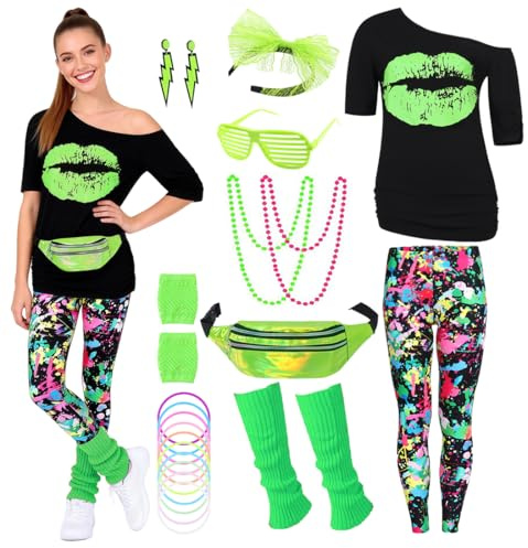 Velmawig 80er Jahre Outfit Damen 80 er Jahre Fasching Kostüm Zubehör Rosa Set mit Bauchtasche Haarband Ohrring Netzhandschuhe Gläser Armband Halskette Leggings Neon Kleidung Bad Taste Outfit Damen