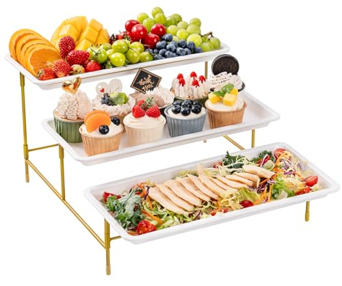 Lifewit Vassoio da Portata 3 Piatti, Vassoio Plastica Rettangolo 36×17cm, Alzate per Buffet Dolci, Portafrutta da Tavolo, Cucina Decorativo, Vassoi e Piatti con Rastrelliera in Metallo Dorato