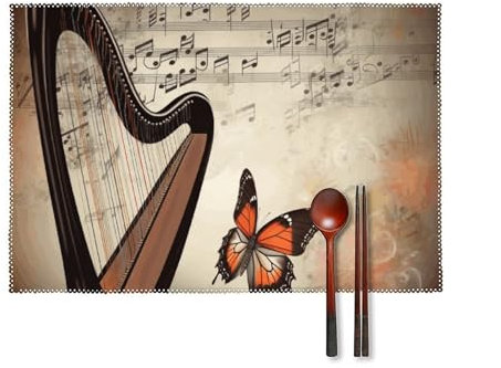Hitzebeständiges Tischset, Musikhintergrund mit Harfe und Schmetterling, bedruckte Platzsets, 6er-Set für Zuhause, Küche, Esszimmer