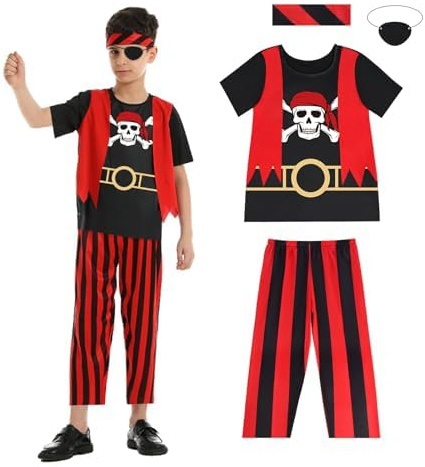 Aomig piratdräkt för barn, pirat, maskeraddräkt för pojkar, piratkapitan, outfit, set inkluderar topp, byxor, ögonlapp, pannband, piratrollspel utklädning för födelsedagsfest ihålig (M)