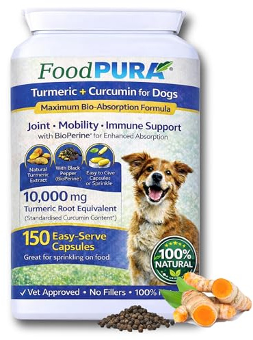 FoodPURA 150 Turmeric Capsules with Piperine for Dogs and Cats 10,000 mg for Joints, Digestive Health - High Absorbtion Health Supplement Anti Inflammatory for Hips and Joints