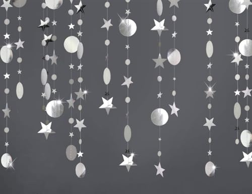 52 Ft Silber Glitzer Papier Circle und Stern Garland,4 Stücke Hängende Runde und Stern Garland für Geburtstag Hochzeit Weihnachten Party Deko