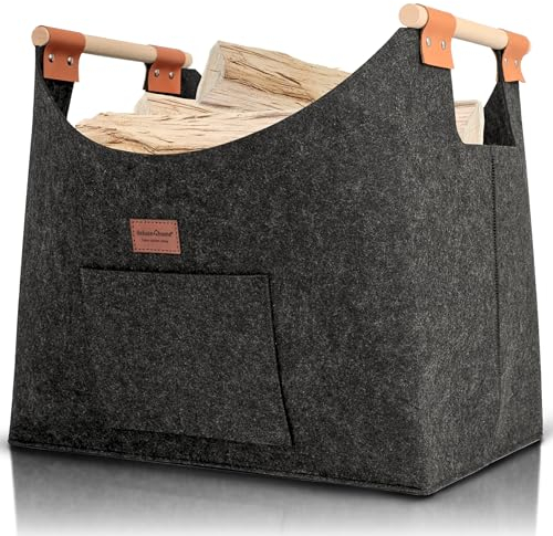 deluxe4home® Holzkorb XXL für Kaminholz 57L I Transport von Brennholz I Extra dicker Filz I Verstärkte Griffe I Brennholzkorb Feuerholzkorb Kaminholzkorb Korb Filzkorb