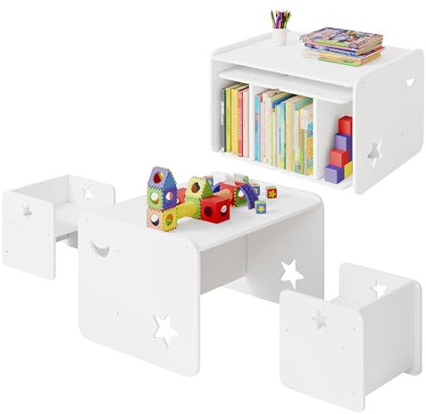 WOLTU Kindertisch mit 2 Stühlen, Kinder Tisch Stuhl Set, Kindersitzgruppe, Kindersitzbank, Multifunktions Möbelset für Zuhause Kindergarten, Weiß