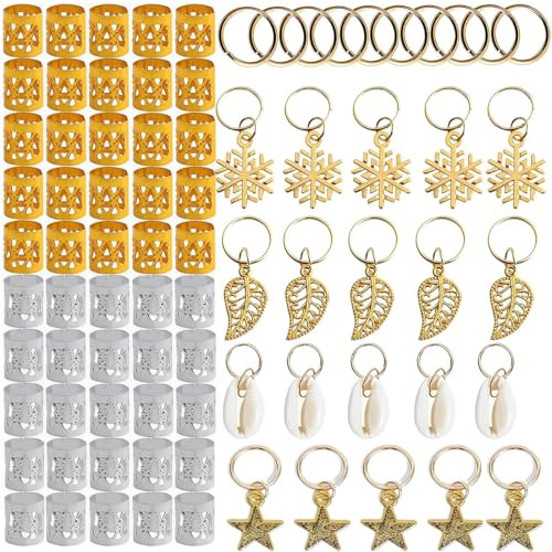 XUKZIMA 80 Pcs Hair Beads for Braids Hair Jewelry Rings Gold Hair Accessories Hair Cuffs and Braid Rings Hair Charms Dreadlock Accessories FOR Girl Women Men Hair Braids Decoration