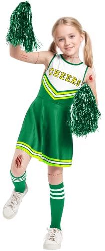 JiAmy Disfraz de animadora para niñas, uniforme de animadora con pompones y calcetines, disfraz de Halloween para niños de 7 a 8 años, color verde
