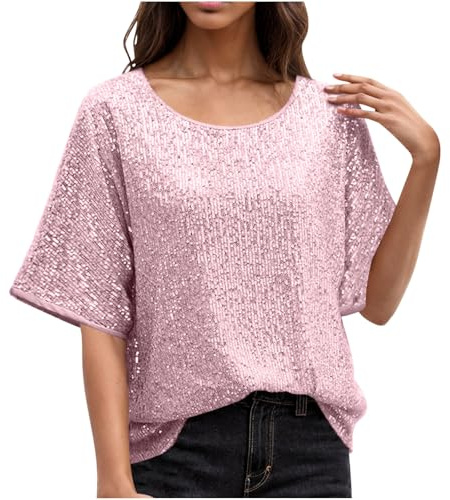 KUIH Sequin Tops for Women UK Party Tops Short Sleeve Glitter Sparkly Blouse Plus Size Tunic Tops Women's Blouses & Shirts Elegant Shimmer Glitter Top Ladies Evening Tops Going Out Shirt Pink
