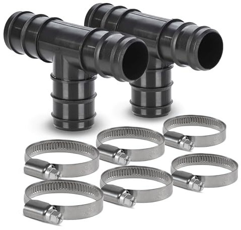Pool Schlauchverbinder 2x T-Stück 38 mm für Schwimmbadschlauch im Set inkl. 6x Edelstahl Schlauchschellen, Poolschlauch Verbinder