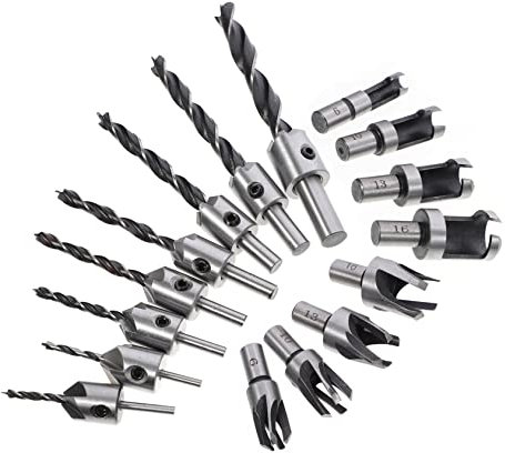 OSALADI 16pcs Woodworking Countersink Drill Bit Set 8mm 1mm 3mm Three-point Bits and 8 Wood Plug Cutters High-speed Steel for Carpentry and Furniture Installation