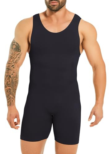Kitfore Shapewear för män, bodysuit, helkroppsformare, sömlös magkontroll, kompressionströja, kroppsformare, undertröja med benshorts, svart, L
