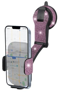 KHGUZ Bling Car Phone Holder, Rhinestone Suction Cup Vehicle Dashboard Cellphone Stand, Diamond Sparkle Automotive Interior Windshield Smartphone Mount, Universal for SUV, Sedan, Truck (Pink)