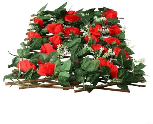 Emiif Treillis extensible en bois avec fleurs et feuilles artificielles, clôture brise-vue de jardin pour balcon, cour, décoration murale (rouge)