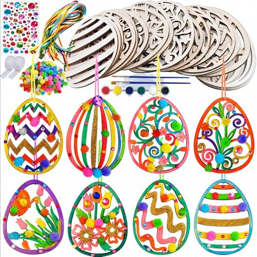 YEWCEP 109 Stück Oster Basteln Kinder, Ostereier zum Bemalen, Bastelsets Kinder Holzanhänger Ostern zum Bemalen mit Pompons, Deko Schnur, Strass, Ostern deko Ostergeschenke