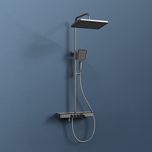 EMKE Duschsystem mit Thermostat, Regendusche Duschsystem mit 36x24cm Regenduschkopf, Brauseset mit Glasablage, Duschset mit Handbrause 3 Strahlarten, KTW-Zertifizierung, Anthrazit Matt