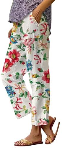 Pantalon en Coton Et Lin pour Femmes Fluide Été Décontracté Floral Imprimé Pantacourt Taille Haute Large Ample Pantalons 7/8 Élastique Léger avec Poches Casual Confortable Yoga Pants De Plage