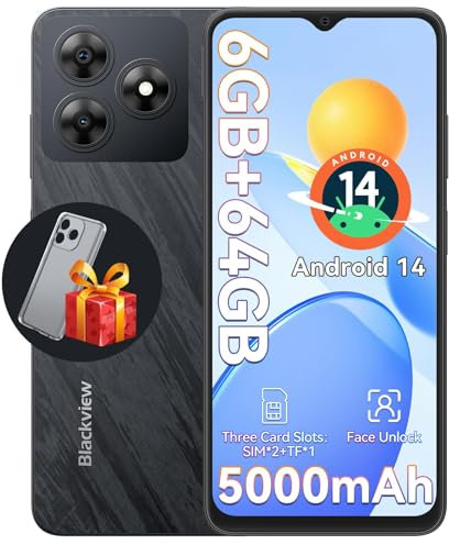 Blackview Wave 8C Mobile Phones, Android 14 Smartphone 2025, Octa-Core 6GB+64GB/SD 2TB, 5000mAh Smart Phone, 6.56 HD, 4G Dual SIM Free Unlocked Phones, 3 Card Slots, 2 Years Warranty, Black