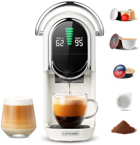 Magician1 Mini Macchina da Caffè Cialde 5in1 per Nespresso Originali, Dolce Gusto, Lavazza A Modo Mio, ESE 44 Cialde e Caffè Macinato, 20 Bar, 1450W, Display LED, Acqua Regolabili 7 Livelli (Bianco)