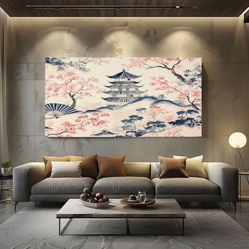 Tableau Decoration Murale Salon Cadre en Bois Pagode De Fleurs De Cerisier De Style Japonais Tableau Decoration Mural Image Sur Toile Photo Images Motif Moderne Décoration Prêt à Suspendre 80x120cm