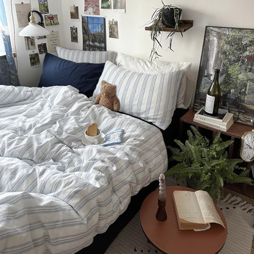 mixinni Vintage Blue & White Striped Duvet Cover Set - 3 Piece 100% Washed Cotton Queen Size Bedding | Minimalist Relaxed Style | Ultra Soft Breathable, with Zipper Closure & Corner Ties-Queen Size