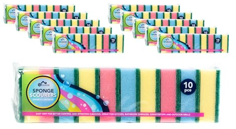 100 x CS Home Sponge Scourers, Multi-Coloured, 10 Packs of 10, Kitchen and Bathroom Cleaning
