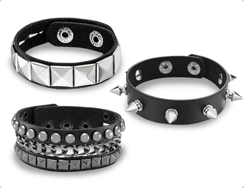 AOYEGIC 3 pezzi Braccialetti con borchie, bracciali in pelle punk rock retrò regolabili con fermagli, accessori anni '80, utilizzati per uomo e donna, feste a tema, concerti (nero)